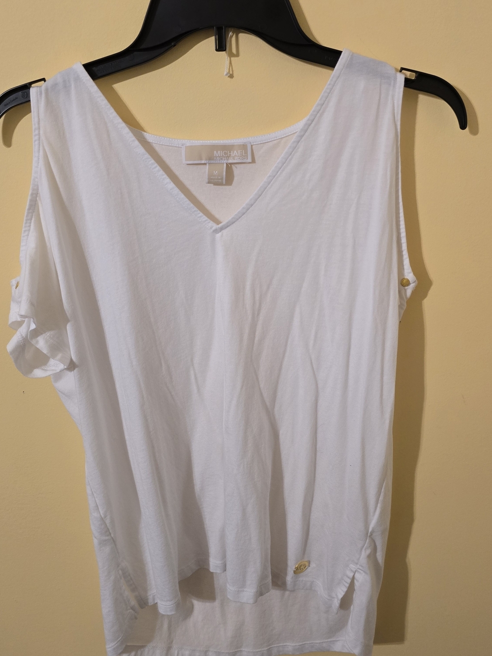 Michael Kors White V-Neck Cold-Shoulder Tank with Gold Accent
